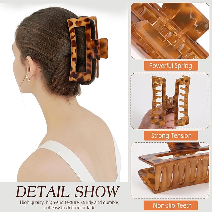 6 PCS 5 Inch Extra Large Claw Clips for Women, Tortoise Shell Jumbo Claw Clips for Thick Long Curly Hair, Oversized Matte Non-slip Rectangle, Durable Strong Hold Hair Clip,Non-slip Square Jaw Clip