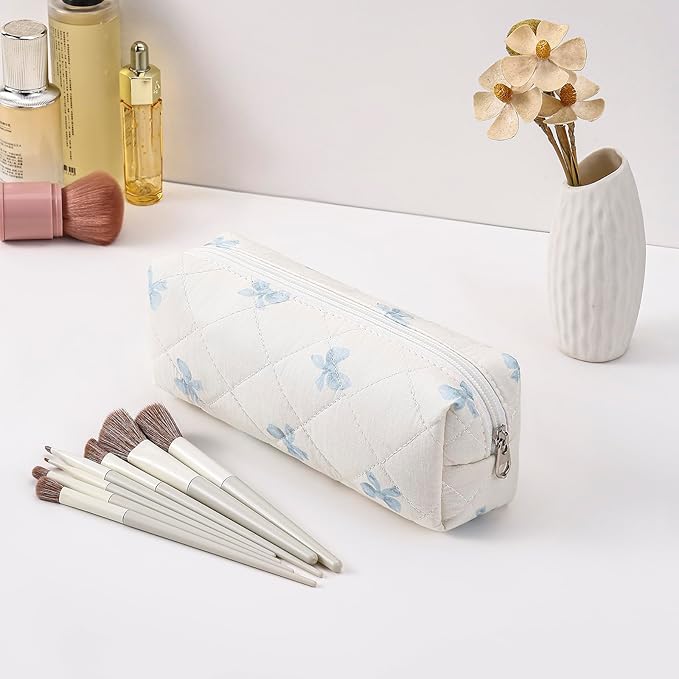 Cute Floral Makeup Brush Bag Small Cotton Quilted Cosmetic Bag for Women Travel Toiletry Zipper Make Up Pouch (Blue Small Bowknot)
