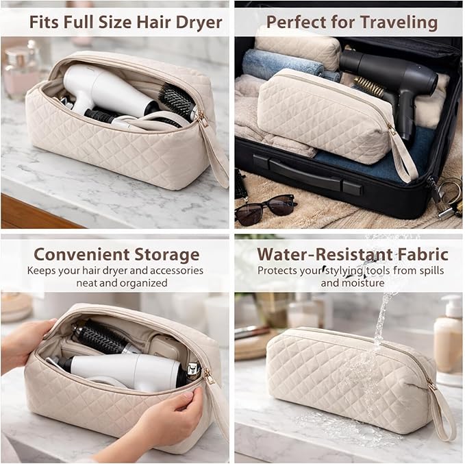 Quilted Hair Tools Travel Bag Organizer,Portable Large Hair Styling Accessories Storage Case for Flat Irons,Straightener,Curling Iron,Hair Dryer (Beige)