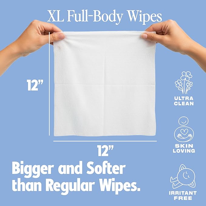 HyperGo XL Single Body Wipes for Women & Men – 12" x12" Rinse-Free Full Body Cleansing 30 Count Pack - Unscented | Biodegradable, Hypoallergenic, Aloe-Infused | Gym, Festival, Camping Essentials
