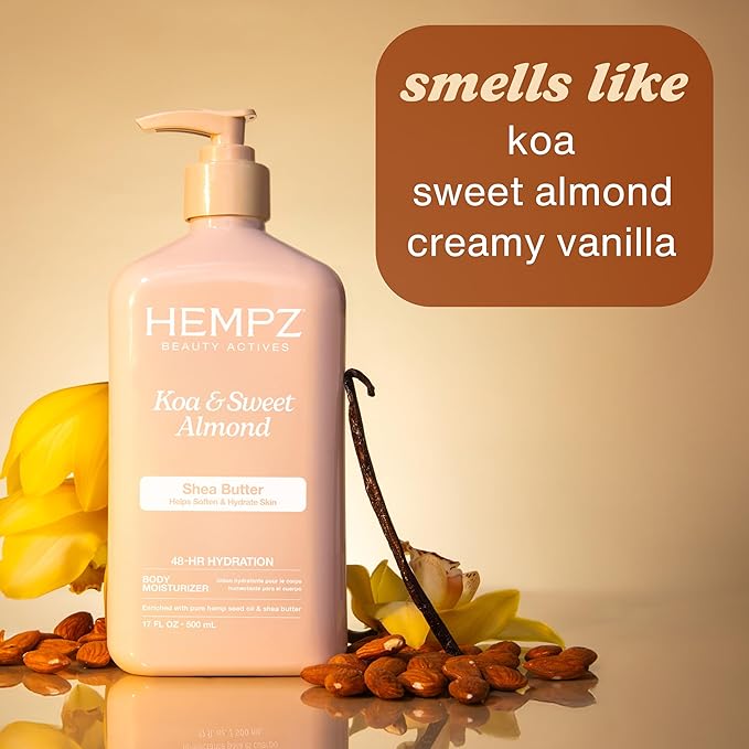 HEMPZ Sweet Almond & KOA Body Lotion, Moisturizing Hemp Seed Oil and Shea Butter, Hydrating Vegan Lotion for Dry Skin, 17 oz