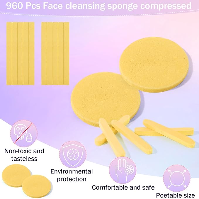 Mifoci 960 Pieces Yellow Compressed Facial Sponges for Estheticians, Makeup Removal Sponge Pads for Women Spa Exfoliating Face