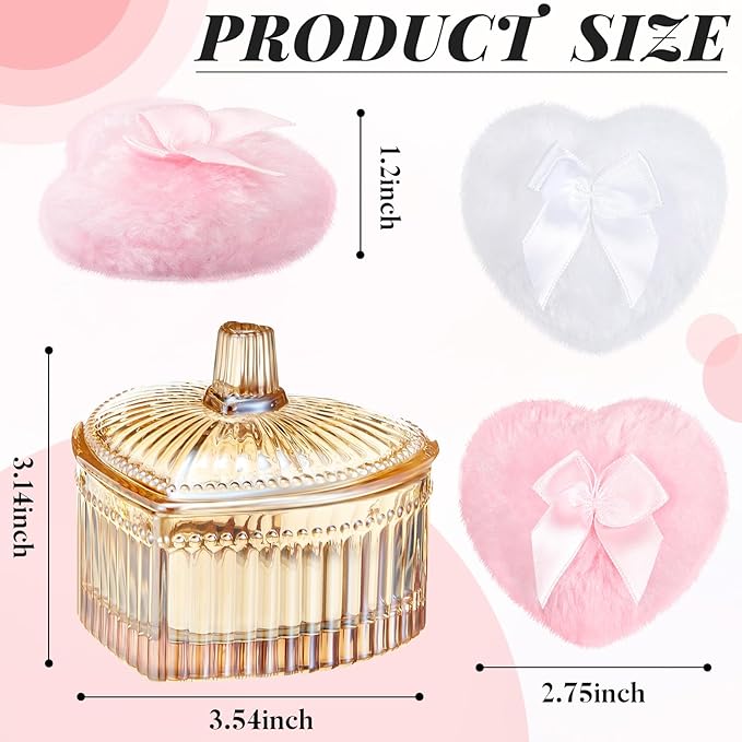 Tioncy 3 Pcs Large Body Powder Puff and Container Valentine's Day gift Powder Container with Puff Crystal Case Soft Washable Reusable Velour Face Body Glitter Wet Dry Makeup(Hammered Heart,Amber)