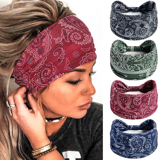 Olbye Wide Boho Headbands Floral Stretch Head Wraps Bohemian African Turban Hairbands Knotted Bandana Headband Yoga Running Head Scarfs Workout Hair Accessories for Women 4Pcs (Bohemian, 9.4 * 5.9'')