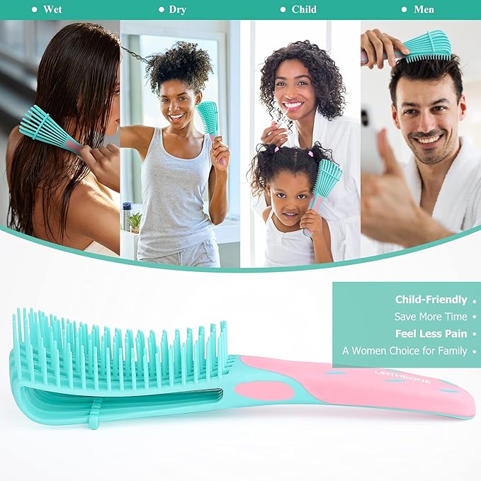 Detangling Hair Brush, Detangling brush for Adults and Kids, Comb Set for Kinky Curly Coily and Wavy Hair, For Wet and Dry Hair, Afro American Type 3a-4c, Comfortable Grip, Easy to Clean(Pinkgreen)