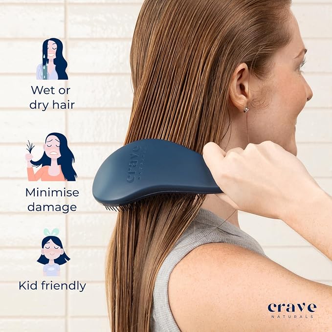 Crave Naturals Glide Thru Hair Brush - Detangler Brush for Curly, Straight, Wet or Dry Hair - Gentle Detangling Brushes for Adults, Kids, Toddlers - Hair Accessories for Women, 7.5"x3" - Blue