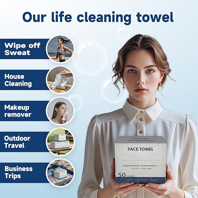 Face Towels, 10” x 12”, Face Towelettes Disposable, Extra Thick Soft and Absorbent for Sensitive Skin, Disposable Face Towel for Makeup Remover, Dry Wipes, 100 Count（2 Pack）