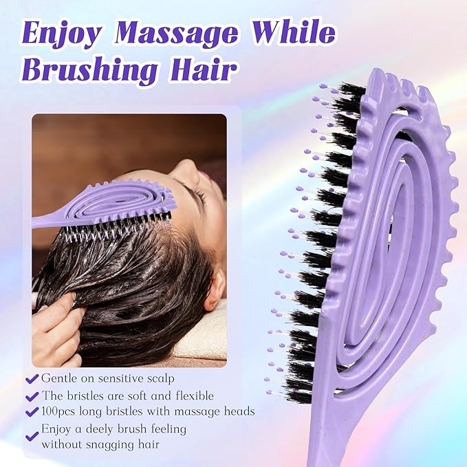 Curl Defining Brush, Boar Bristle Detangling Hair Brush for Women Girls Thick Curly Wavy Hair Wet Dry Use, Fast Blow Drying Vented Styling Hairbrush, Smoothing Hair No Tangle (Soft Purple)