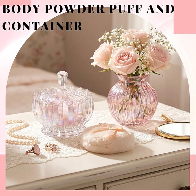Tioncy 3 Pcs Large Body Powder Puff and Container Valentine's Day gift Powder Container with Puff Crystal Case Soft Washable Reusable Velour Face Body Glitter Wet Dry Makeup(Scalloped,Glitter)