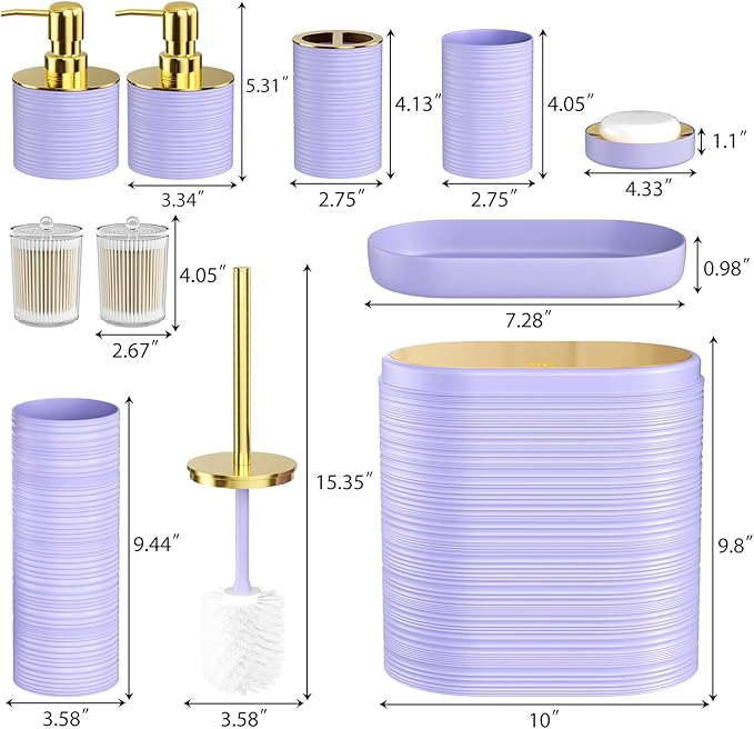 Bathroom Set, 10PC Bathroom Accessory Set, Purple Bathroom Accessories, Purple and Gold Bathroom Set with Trash Can, Soap Dispensers
