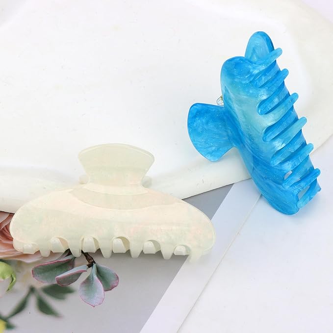2 Pack Hair Claw Clips for Women, Acrylic Claw Clips for Thick Hair Non-slip Clip for Hair, Large Claws Hair Accessories for Women (White & Sky Blue)