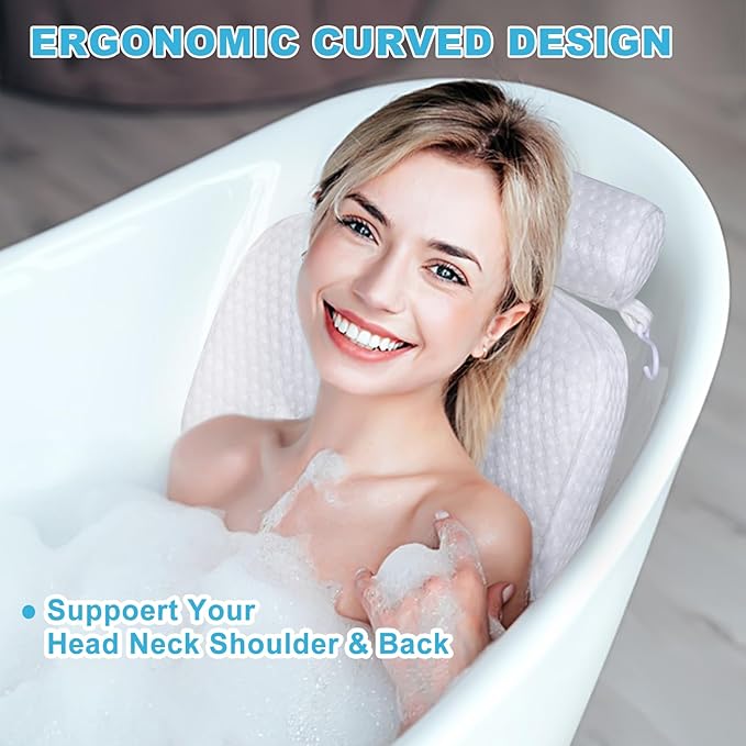 Bath Pillow for Tub Support Neck and Back, Bathtub Pillow Bath Accessories for Bathtub Women, Hot Tub Accessories for Adults White