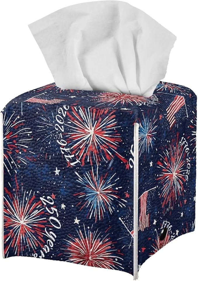 Firework USA Flag Tissue Box Holder Waterproof PU Leather Square Modern Tissue Box Cover with Metal Button Napkin Holder for Home Office Car