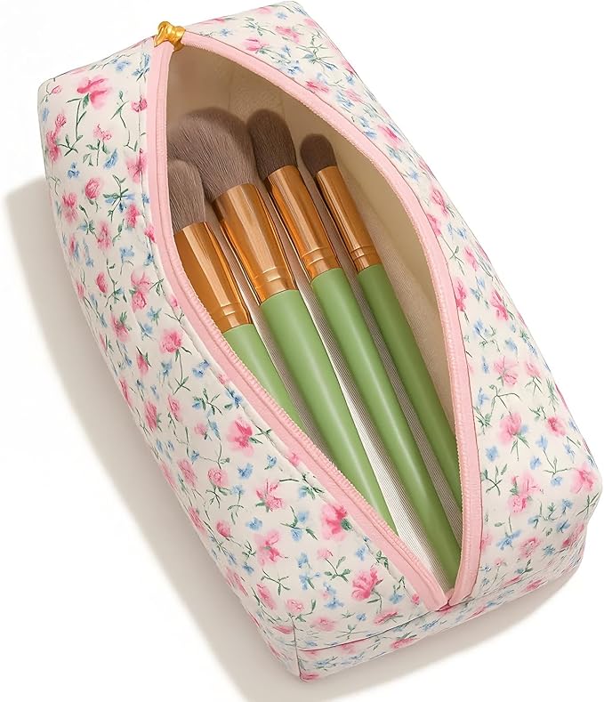 Floral Quilted Cotton Makeup Bag for Women, Large Capacity Travel Cosmetic Pouch with Zipper, Cute Toiletry & Brush Organizer, Kawaii Makeup Storage Case – Rose Red Floral