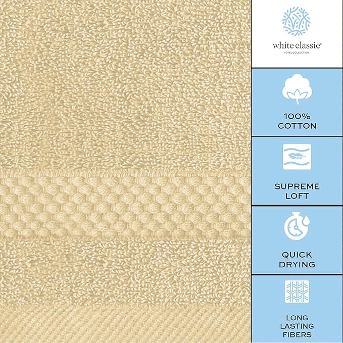 White Classic Luxury Cotton Washcloths 13x13 Inch - 650 GSM Turkish Cotton | Hotel, Spa, Bathroom Face Towel | 12 Pack, Beige