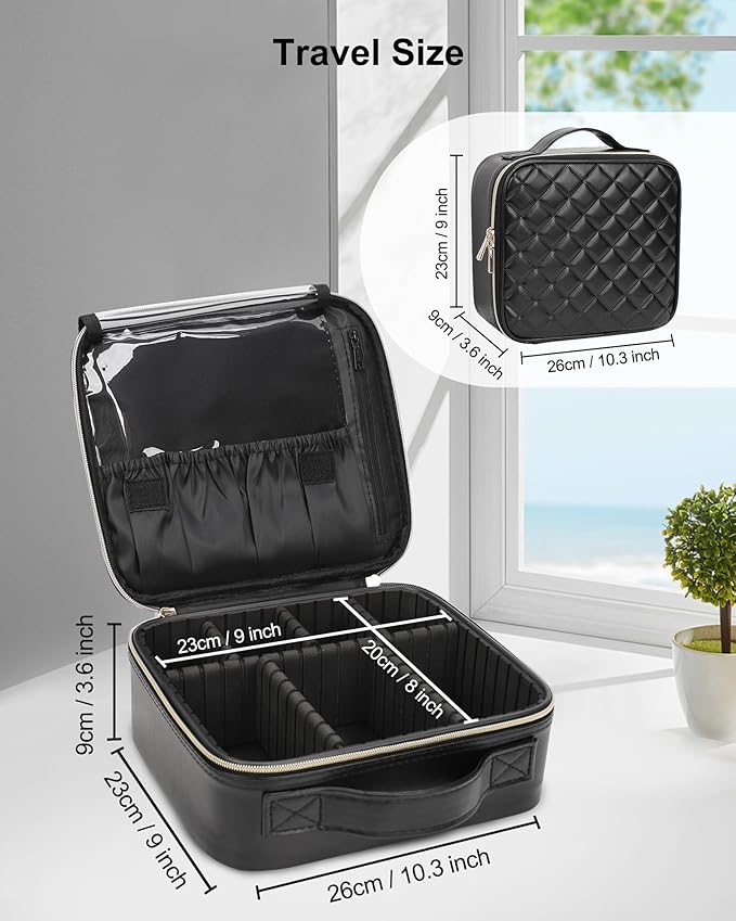 Relavel Makeup Bag, Travel Cosmetic Train Case Organizer Portable Artist Storage Bag with Adjustable Dividers for Cosmetics Makeup Brushes Toiletry Jewelry Digital Accessories Quilted Leather Black