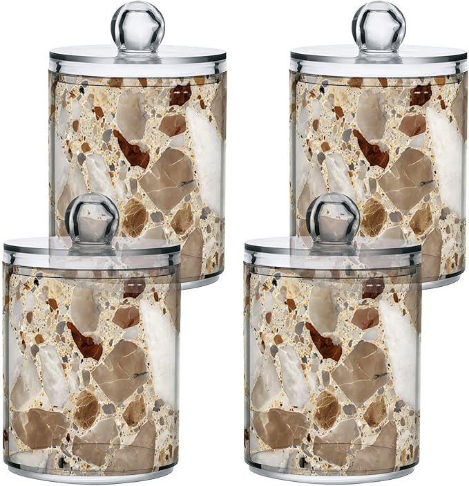 2 Pack Beige and Brown Marble Print Apothecary Jars with Lid, 10 Oz Clear Plastic Apothecary Jar Set Qtip Holder Storage Containers for Cotton Ball Swabs Bathroom Vanity