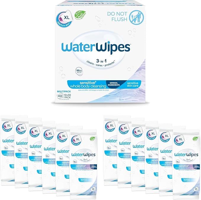WaterWipes Sensitive Whole Body Cleansing Wipes, 99.9% Purified Water, XL Textured Wipes, Incontinence Care, Fragrance Free, 360 Count (12 Packs)