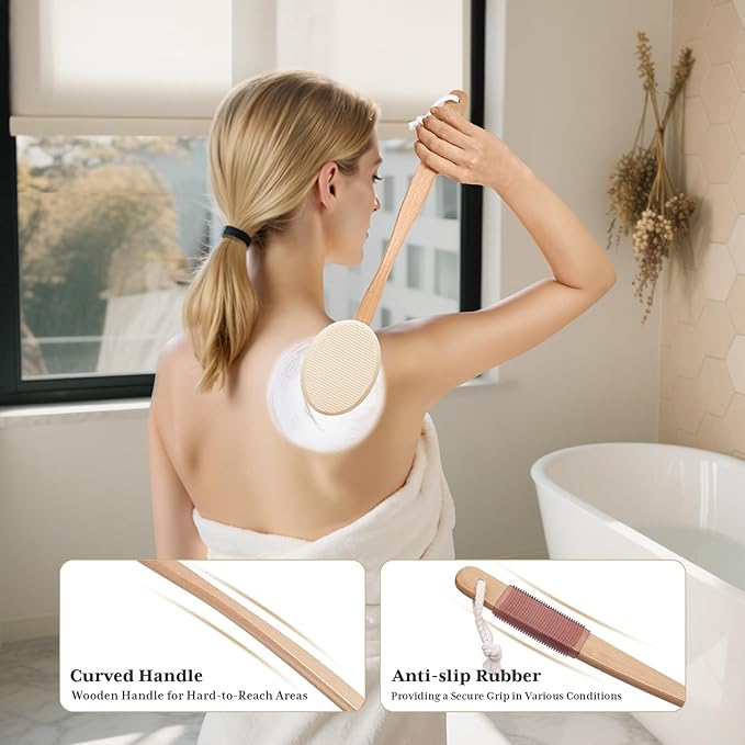 AmazerBath Lotion Applicator for Back, Feet, 4 Replacement Pads with 17" Curved Handle, Back Sunscreen Applicator for Kids, Elderly, Women, Apply Skin Cream Medicine Moisturizer Tanner, Ivory White