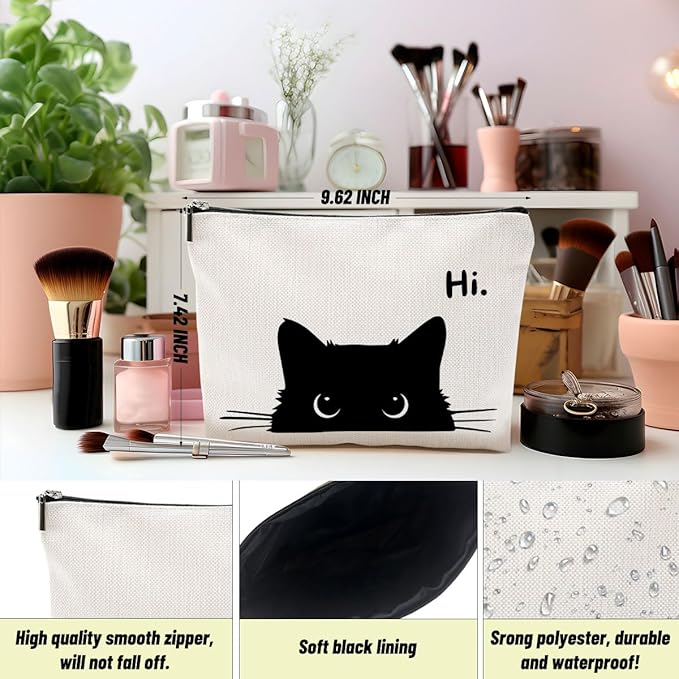 Cute Cat Makeup Bag, Kitty Canvas Cosmetic Bags Zipper Pouch Travel Toiletry Bag, Black Cat Gifts for Women Girls Daughter Sisters Coworker Friends Christmas Thanksgiving Birthday Gifts