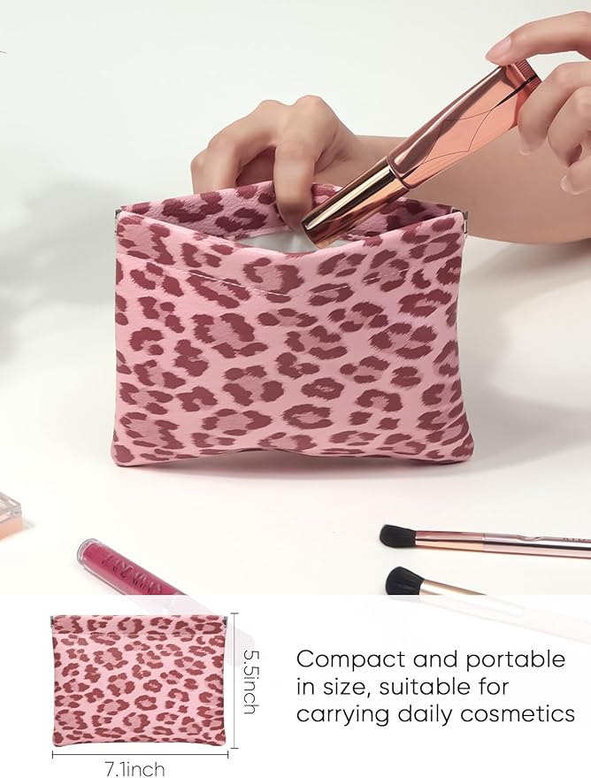 Leopard Leather Small Makeup Pouch for Women,Cosmetic Accessories Organizer,Waterproof and Portable Cosmetic Bag,Self-closing, No Zipper, Aesthetic Storage Pouch,Lipstick for Purse,Pink