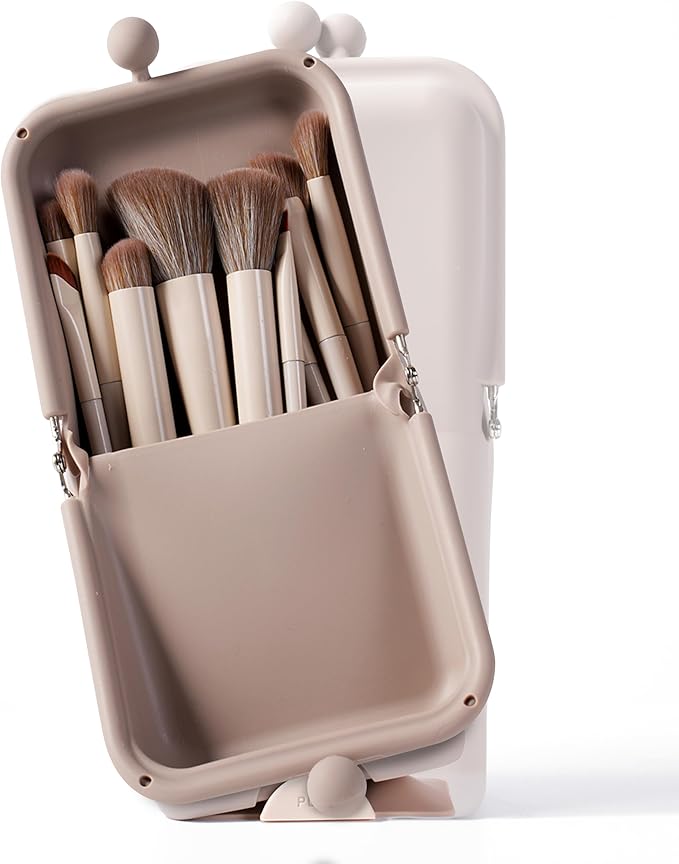 APT 1101 Makeup Brush Holder Travel Cosmetic Bag with Suction Base, Portable Cosmetic Organizer for Travel & Home, Organizer for Brushes, Beauty Tools & Accessories (Oatmeal)