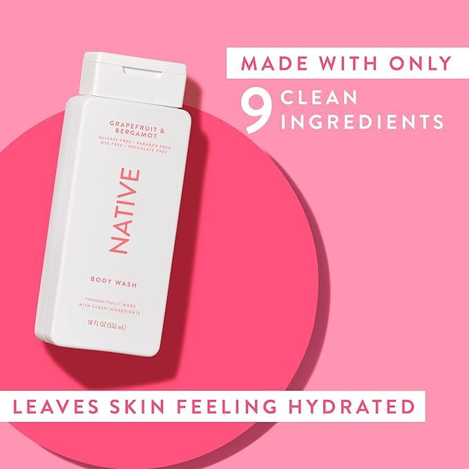 Native Body Wash Contains Naturally Derived Ingredients | For Women & Men, Sulfate, Paraben, & Dye Free Leaving Skin Soft and Hydrating | Grapefruit & Bergamot 18 oz - 2 Pk