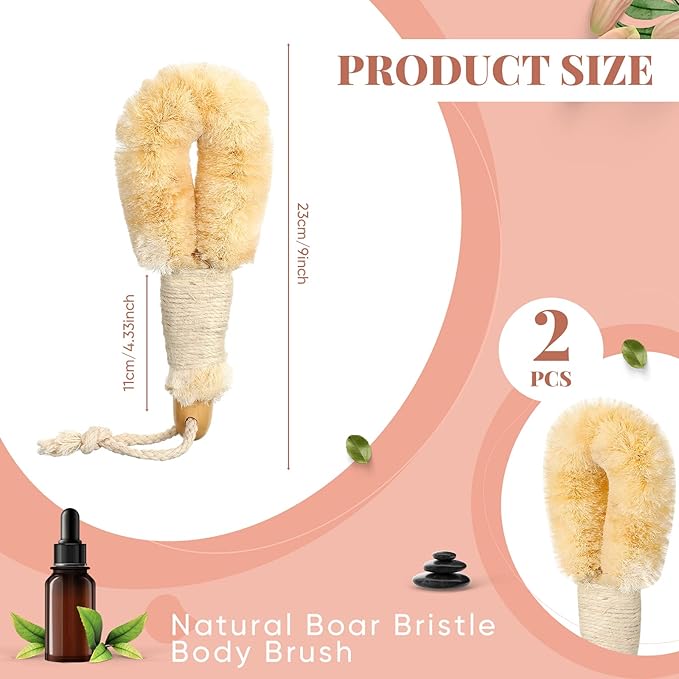 2 Pcs Dry Brushing Sisal Body Brush, Natural Bristle with Fibers Scrubber, Dry Skin Exfoliating Bath Shower for Skin Care