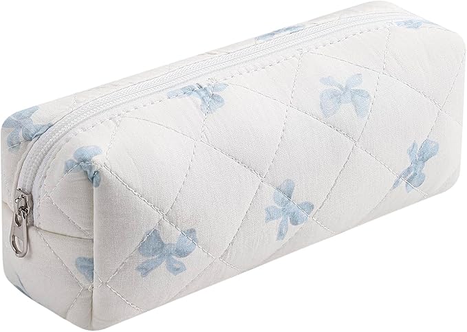 Cute Floral Makeup Brush Bag Small Cotton Quilted Cosmetic Bag for Women Travel Toiletry Zipper Make Up Pouch (Blue Small Bowknot)