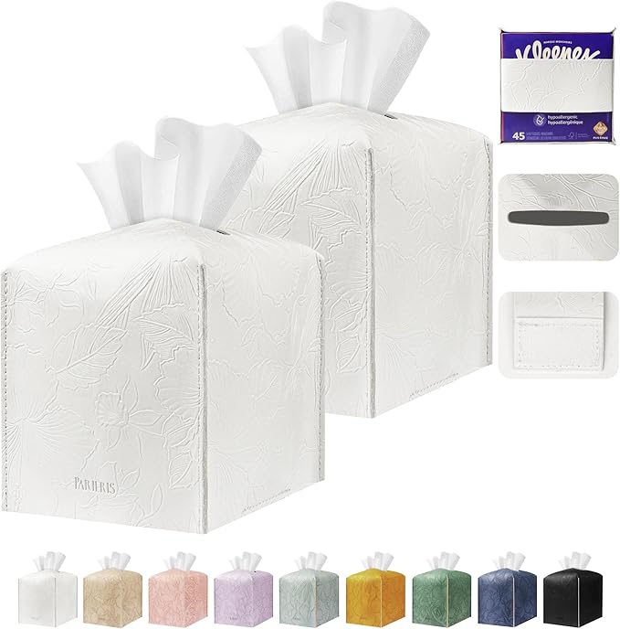 Tissue Box Holder Cover Square Tissue Cube Cover PU Leather Tissue Organizer with Bottom Belt for Bathroom, Tabletop, Kitchen, Night Stands, Office, Home, Car (2, White)
