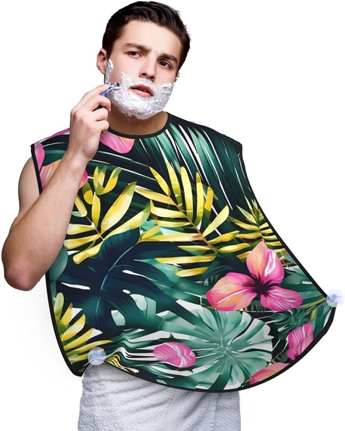 Tropical Summer Hawaiian Flower Palm Leaves Print Beard Bib Apron For Men, Beard Hair Catcher For Men Shaving Trimming,Beard Cape Cloth
