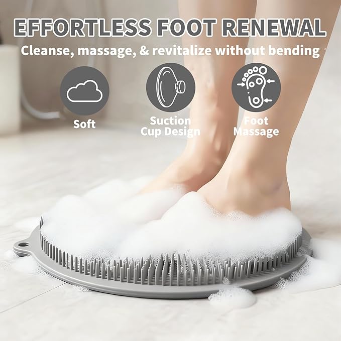 2 Pack Shower Foot Scrubber & Shower Back Scrubber Wall Mounted with Delicate Brush,Circular Design Shower Back Scrubber,Non-Slip Foot Scrubber Mat(Grey and Pink)