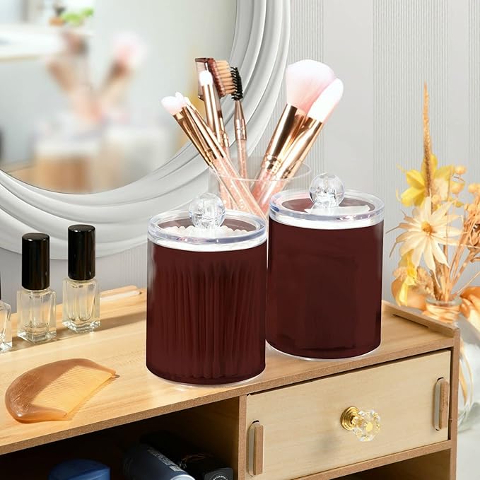 Indian Red Qtip Holder Organizer Dispenser Cotton Swabs Cans Plastic Jars with Lid Set 4 Pack Bathroom Storage Canister for Cotton Ball Floss Cotton Pads