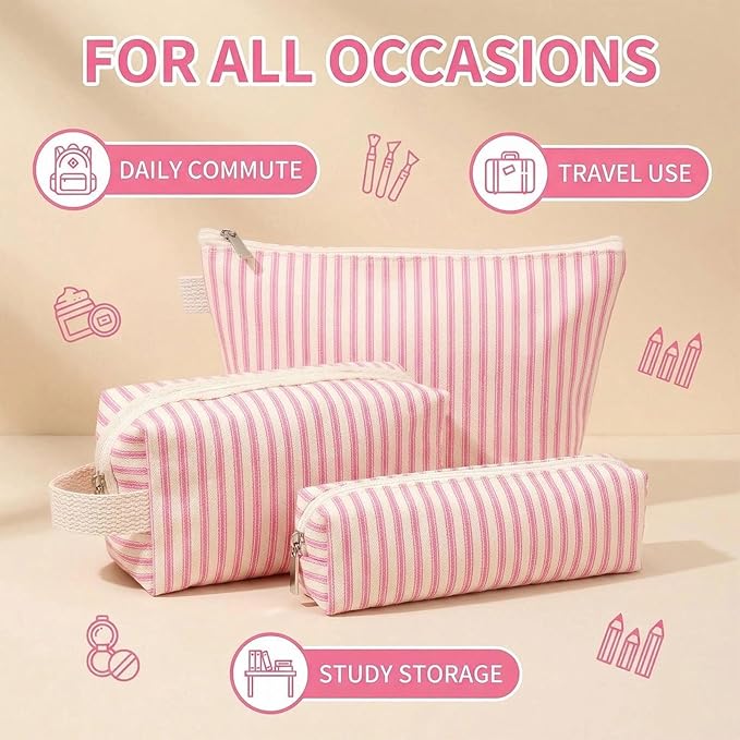 3 Pcs Canvas Makeup Bag Set Cosmetic Pouch for Women Travel Toiletry Bag Cute Makeup Organizer Purse Pouch Preppy Pencil Case with Zipper (Pink Pinstripes)