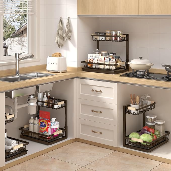 2 Packs Under Sink Organizer, Height Adjustable 2 Tier Under Kitchen Sink Organizer, Multi-Purpose Storage Shelf for Kitchen Bathroom Cabinet (Brown, Large)