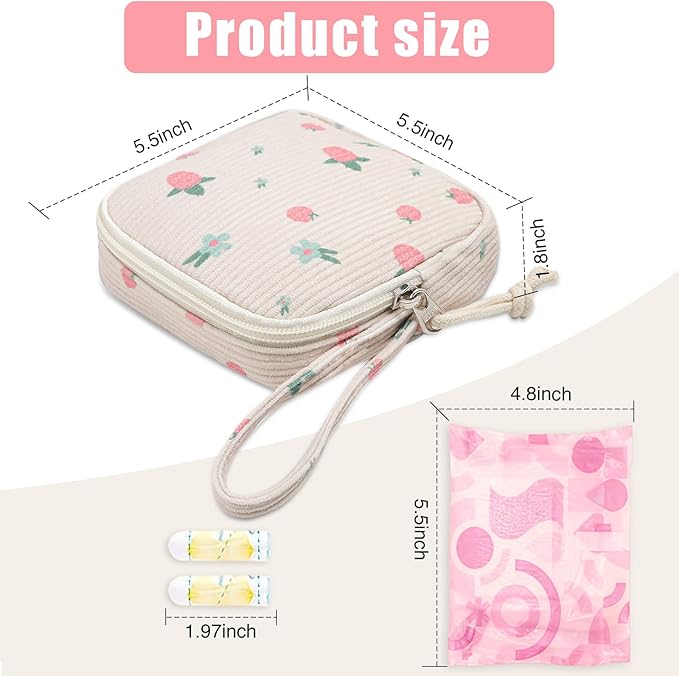Small Makeup Bag | Discreet Period Bag Pad Pouch for Purse| Sanitary Napkin Storage & Tampon Holder for Travel(Cute strawberries pink)