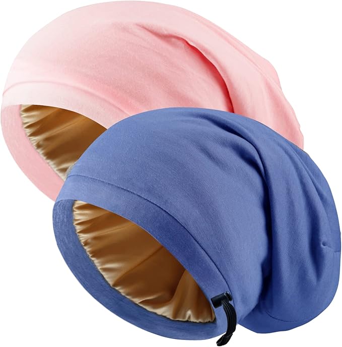 2 Pcs Adjustable Silk Hair Bonnet for Sleeping, Satin Lined Sleep Cap for Women and Men, Silk Hair Wrap Slouch Beanie.