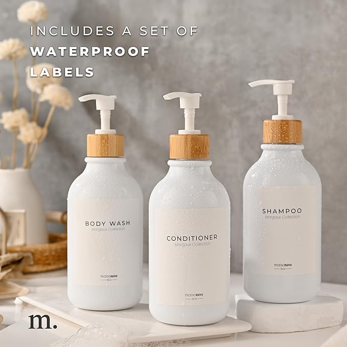 MaisoNovo Refillable Shampoo and Conditioner Bottles - 16.9 fl oz Set of 3 White Plastic Bottles White Bamboo Pumps