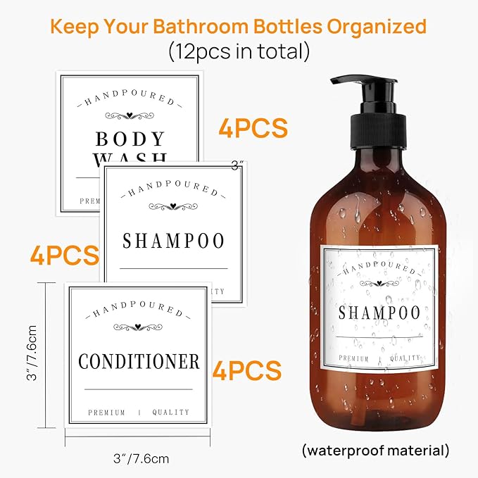 12PCS Bathroom Labels for Bottles,Minimalist Bathroom Organization Labels,Waterproof Bottle Labels for Shampoo Conditioner Body Wash(White)