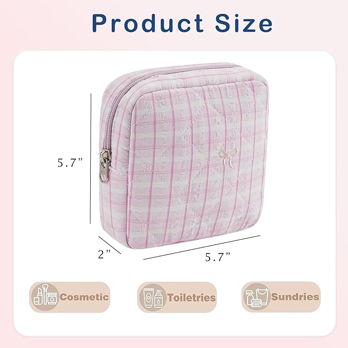 Small Quilted Striped Cosmetic Pouch for Purse, Mini Cotton Makeup Bag with Compartments, Cute Zipper Lipstick Holder for Women (23 Pink Stripes)