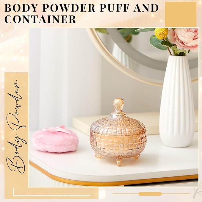 Tioncy 3 Pcs Large Body Powder Puff and Container Valentine's Day gift Powder Container with Puff Crystal Case Soft Washable Reusable Velour Face Body Glitter Wet Dry Makeup(Weave Design,Amber)