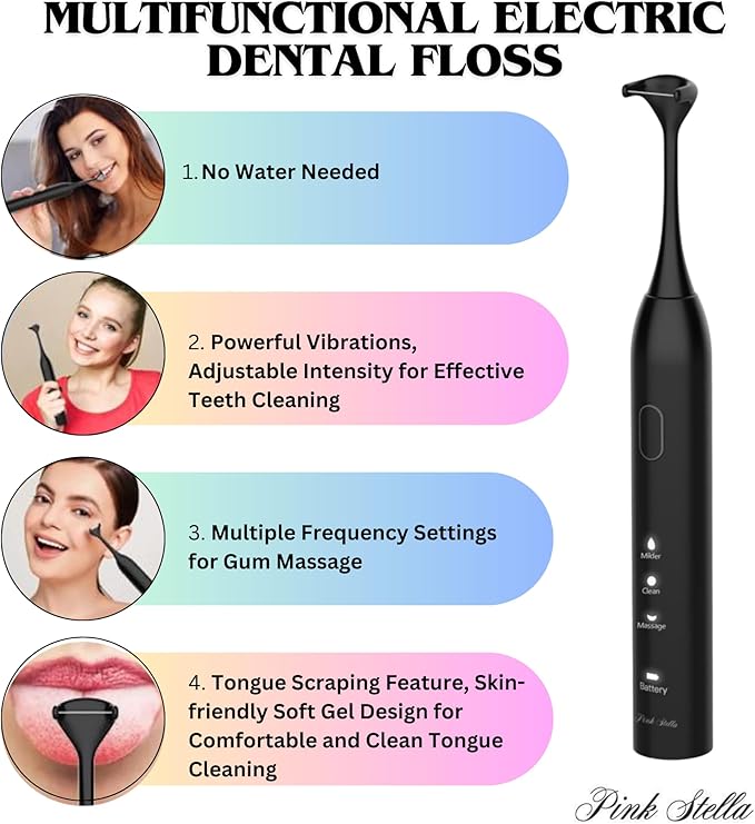 Electric Dental Flosser| Tongue Scrapper| Gum Massager and Stimulator for Adults and Kids| 60 Reuseable Floss Heads| A Better Alternative to Water Flosser