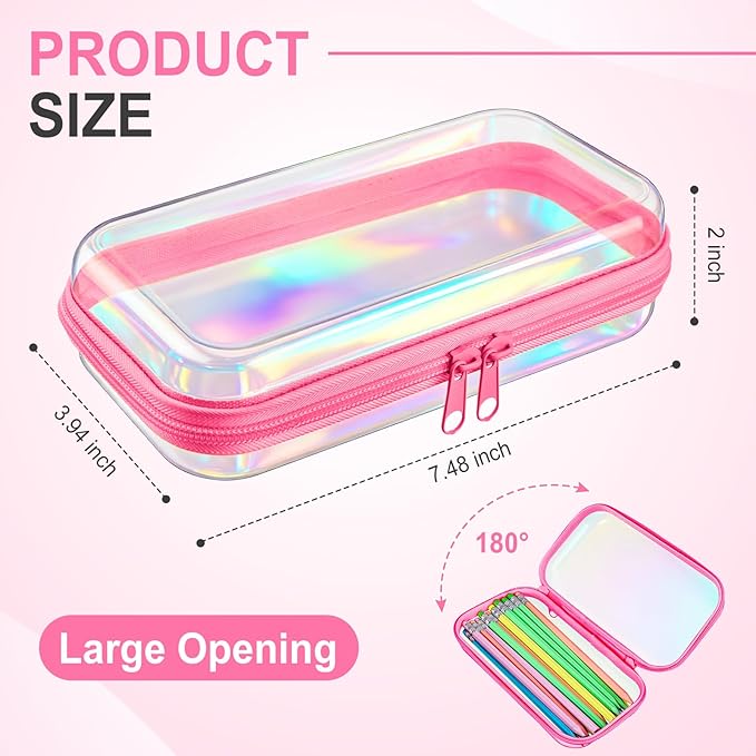 Hoolerry 4 Pcs Hard Clear Zipper Case Makeup Bags Plastic Zipper Pouch Transparent Storage Box Containers for Cosmetics, Snacks, Building Blocks, Puzzles(Clear,7.5 x 3.9 x 2 in,Pink Laser)