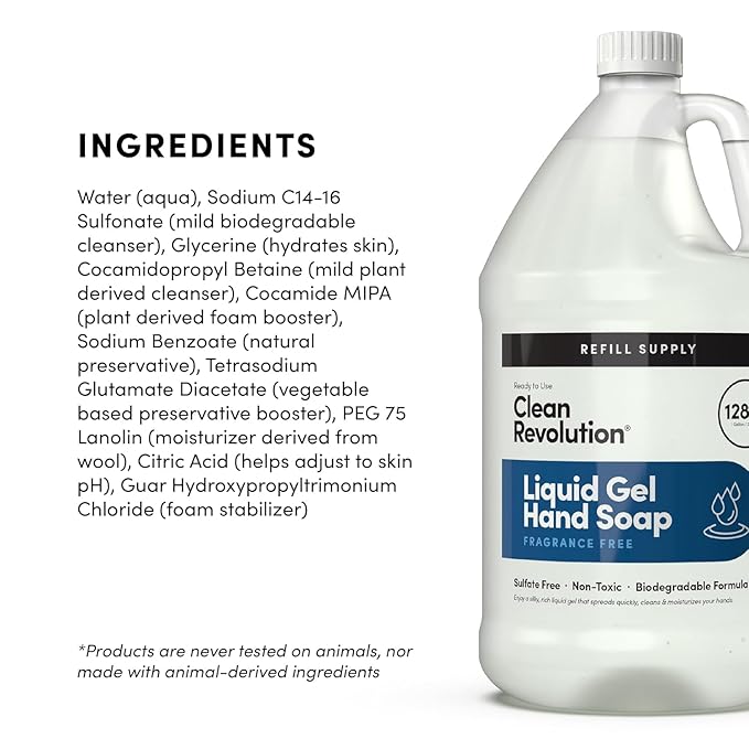 Clean Revolution Liquid Gel Hand Soap, Silky Rich Liquid, Quick Lather, Fast Rinsing, (Fragrance Free) 128 Fl Oz, 4 Pack - Made in USA