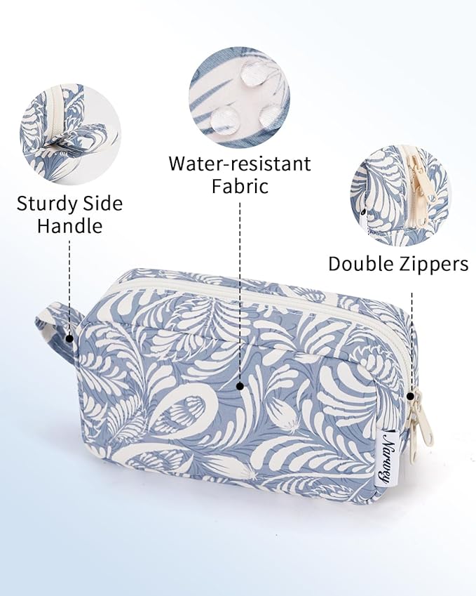 Narwey Makeup Bag, Mini Makeup Pouch with Zipper, Organized Pockets for Women (Blue Leaf, Small)