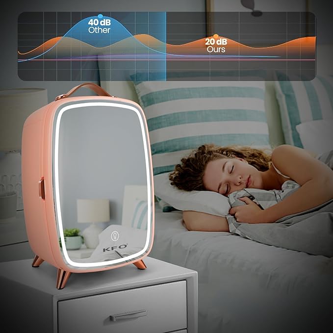 KFO Skincare Fridge 6L with Mirror and Light（3-Light Mode） | Pro-Style Beauty Fridge for Bedroom & Makeup | 6°C Cooling + 20dB Ultra-Quiet | 8-Can Drink and Cosmetic Storage & Adjustable Shelf