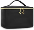 Small Makeup Bag Travel Cosmetic Bag Toiletry Zipper Pouch Make Up Organizer Bag with Handle Purse for Women Soft PU Leather Skincare Case (L02-Black)