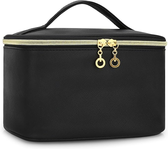 Small Makeup Bag Travel Cosmetic Bag Toiletry Zipper Pouch Make Up Organizer Bag with Handle Purse for Women Soft PU Leather Skincare Case (L02-Black)