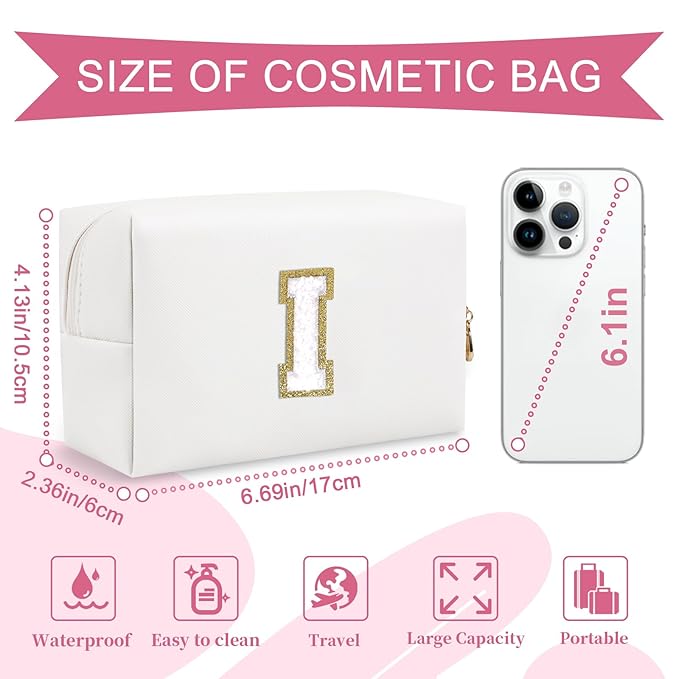 Small Personalized Initial A-Z Preppy Patch Makeup Bag,White PU Chenille Letter Travel Cosmetic Pouch with Zipper,Cute Toiletry Bag,Gift Ideal for Teen Girls Women Teacher Bridesmaid,Letter I