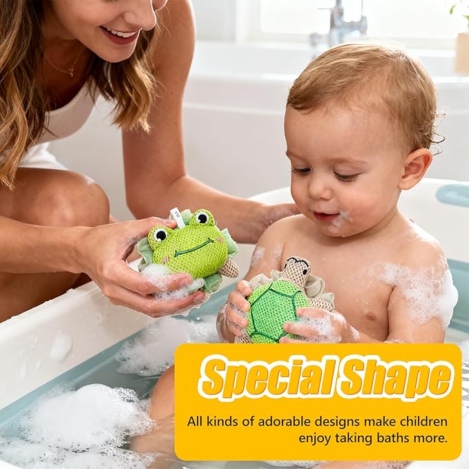 Kids Loofah, Cute Cartoon Animal Kids Bath Sponge with Hanging Rope, Soft Double Mesh for Rich Lather (Little Turtle)
